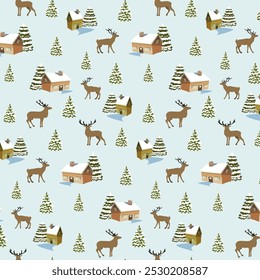 Deer and houses in a winter landscape.Vector seamless pattern with houses, deer and fir trees on a blue background.