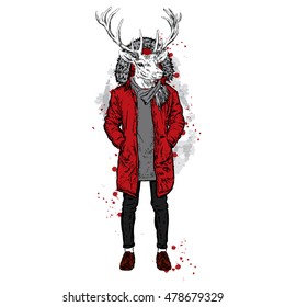 Deer with the human body in a warm jacket. Vector illustration for greeting card, poster, or print on clothes. Fashion & Style. Hipster.