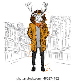 Deer with the human body in a warm jacket. Vector illustration for greeting card, poster, or print on clothes. Fashion & Style. Hipster.