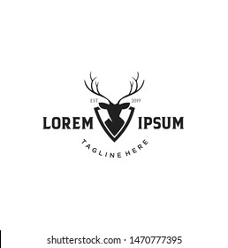 Deer Hunt Logo template. Horns, antelopes, elk, moose, Cervinae,muntjac, fallow deer, chital, Capreolinae, reindeer, chevrotains, Ruminantia And deer Logo Vintage Retro Hipster Design Illustration.