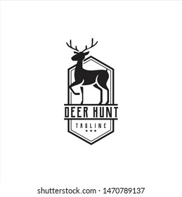 Deer Hunt Logo template. Horns, antelopes, elk, moose, Cervinae,muntjac, fallow deer, chital, Capreolinae, reindeer, chevrotains, Ruminantia And deer Logo Vintage Retro Hipster Design Illustration.