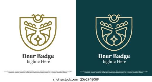 Deer hunter badge logo design vector illustration. deer head with antlers wildlife buck antelope fawn fauna badge emblem. Simple minimal geometric elegant luxury crest guard vector symbol icon.