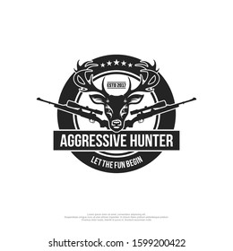 Deer Hunter Badge Logo With Rifles And Deer Animals