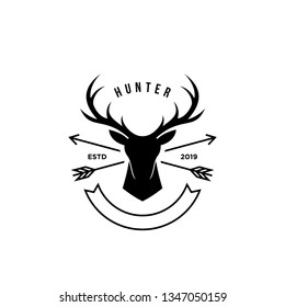 deer hunter logo, badge, emblem, label design template. vector illustration of deer head silhouette and arrow. hunter club, deer hunting symbol icon 