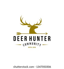 deer hunter logo, badge, emblem, label design template. vector illustration of deer head silhouette and arrow. hunter club, deer hunting symbol icon 