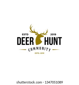 deer hunter logo, badge, emblem, label design template. vector illustration of deer head silhouette and arrow. hunter club, deer hunting symbol icon 