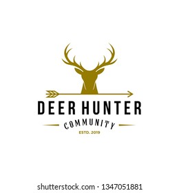 deer hunter logo, badge, emblem, label design template. vector illustration of deer head silhouette and arrow. hunter club, deer hunting symbol icon 