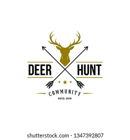 deer hunter logo, badge, emblem, label design template. vector illustration of deer head silhouette and arrow. hunter club, deer hunting symbol icon 