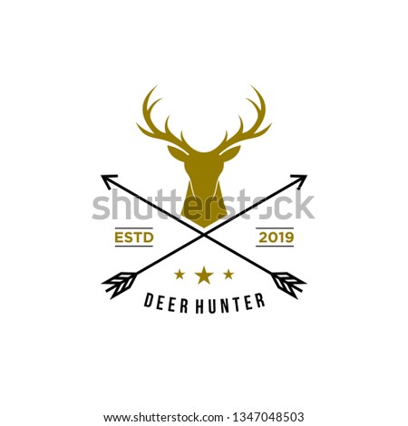 deer hunter logo, badge, emblem, label design template. vector illustration of deer head silhouette and arrow. hunter club, deer hunting symbol icon 