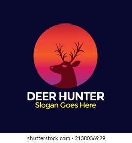 
Deer hunter logo design template. Vector illustration of deer head silhouette on circle, night moon concept. hunter club, deer hunting, animal wildlife symbol icon