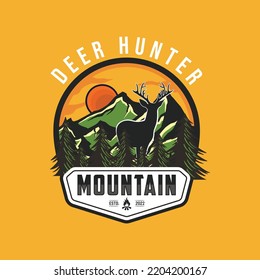 Deer Hunter logo with mountain illustration. Deer in mountain illustration vector logo template.