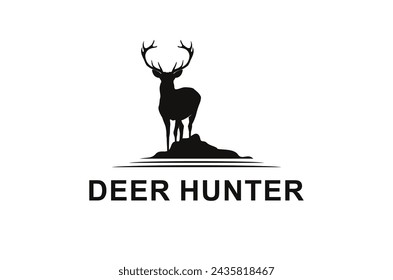 Deer hunter on a hill, with river background logo design illustration.