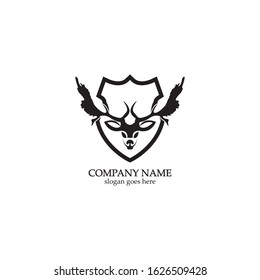 Deer hunter with shield logo design, Wild animal vector, Head deer illustration