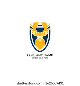 Deer hunter with shield logo design, Wild animal vector, Head deer illustration