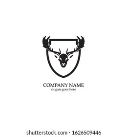 Deer hunter with shield logo design, Wild animal vector, Head deer illustration