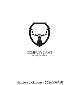 Deer hunter with shield logo design, Wild animal vector, Head deer illustration