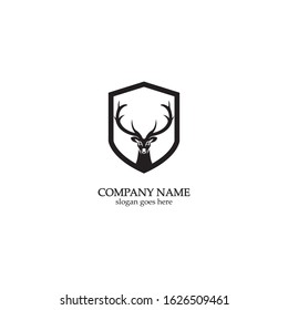 Deer hunter with shield logo design, Wild animal vector, Head deer illustration