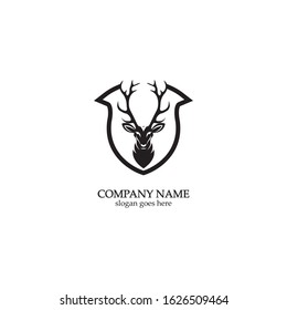 Deer hunter with shield logo design, Wild animal vector, Head deer illustration