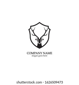Deer hunter with shield logo design, Wild animal vector, Head deer illustration