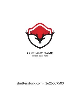 Deer hunter with shield logo design, Wild animal vector, Head deer illustration