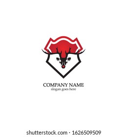 Deer hunter with shield logo design, Wild animal vector, Head deer illustration