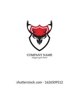 Deer hunter with shield logo design, Wild animal vector, Head deer illustration