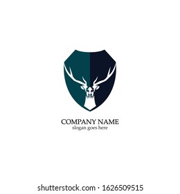 Deer hunter with shield logo design, Wild animal vector, Head deer illustration