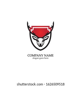 Deer hunter with shield logo design, Wild animal vector, Head deer illustration