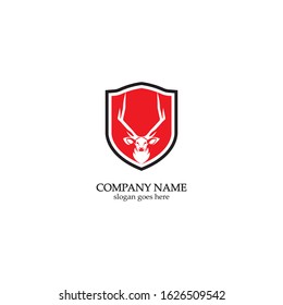 Deer hunter with shield logo design, Wild animal vector, Head deer illustration
