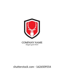 Deer hunter with shield logo design, Wild animal vector, Head deer illustration