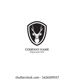 Deer hunter with shield logo design, Wild animal vector, Head deer illustration