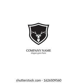 Deer hunter with shield logo design, Wild animal vector, Head deer illustration