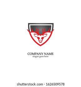 Deer hunter with shield logo design, Wild animal vector, Head deer illustration
