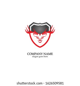 Deer hunter with shield logo design, Wild animal vector, Head deer illustration
