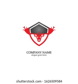 Deer hunter with shield logo design, Wild animal vector, Head deer illustration