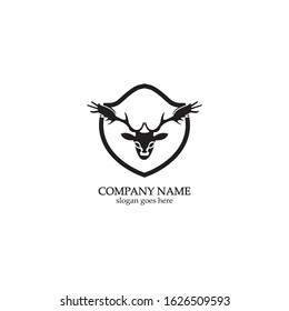 Deer hunter with shield logo design, Wild animal vector, Head deer illustration