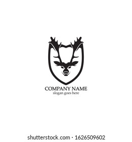 Deer hunter with shield logo design, Wild animal vector, Head deer illustration