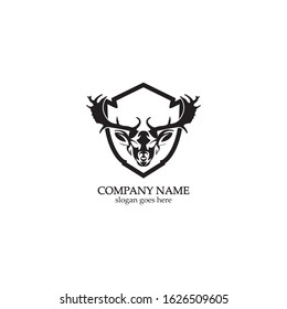 Deer hunter with shield logo design, Wild animal vector, Head deer illustration