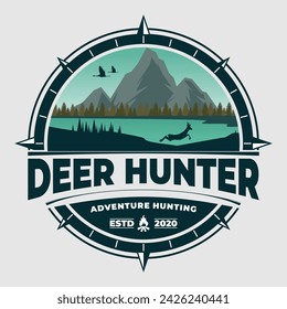 Deer Hunter Silhouette Colorful Nature Emblem