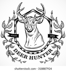 deer hunter vector label design template. Hand drawn head of deer with leaves and ribbon.Tattoo design element. Vector illustration isolated. Cards, t-shirts, scrap-booking, print concept art, poster.