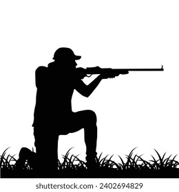 Silueta vectorial del cazador de venados sobre fondo blanco. Icono del hombre cazador. Tirador con rifle