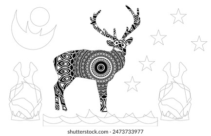 Deer hunting adult coloring page. hand drawing design for animal lovers. 