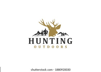 Deer hunting adventure outdoor logo design animal wildlife silhouette head horns deer, mountain element.