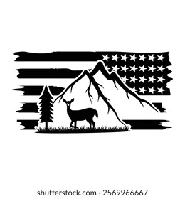 Deer Hunting Clipart, Landscape Mountain Scene with a Pine Tree, Overlaid on a Distressed American flag