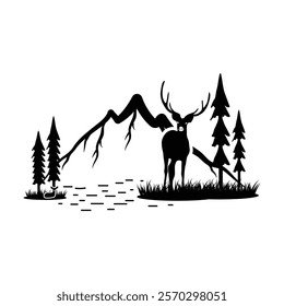 Deer Hunting Clipart,  Buck in Mountain Lake Landscape Silhouette with Antlers, Lake, Mountain, and Trees