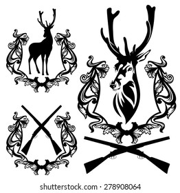 deer hunting emblems - black and white vector design set