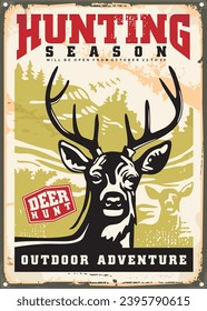 Deer hunting season vintage sign design with deer in the nature graphic. Vector animal illustration. Retro poster idea.