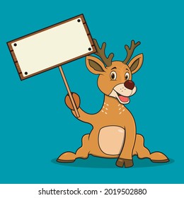 Deer Icon With Blank Wood For Mock up, Blue Colors Background, Mascot, Icon, Character or Logo, Vector and Illustration.