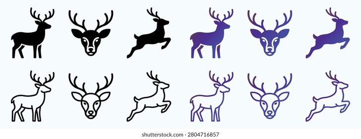 deer icon collection set featuring running and standing silhouette vector animal symbols