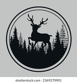 Deer icon. Deer in the forest. Black silhouette. Vector on gray background.